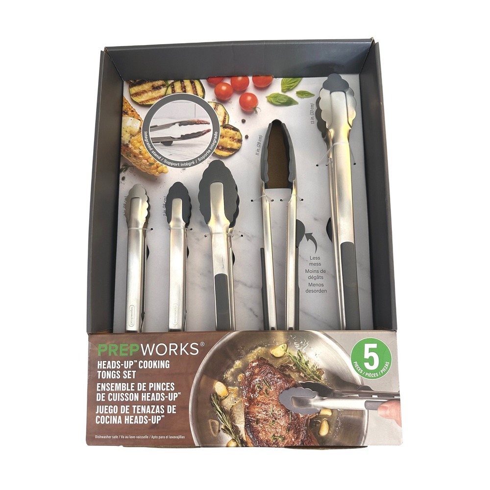 PrepWorks Silver Silicone Heads-Up Cooking Tongs‎ Set 5 Piece